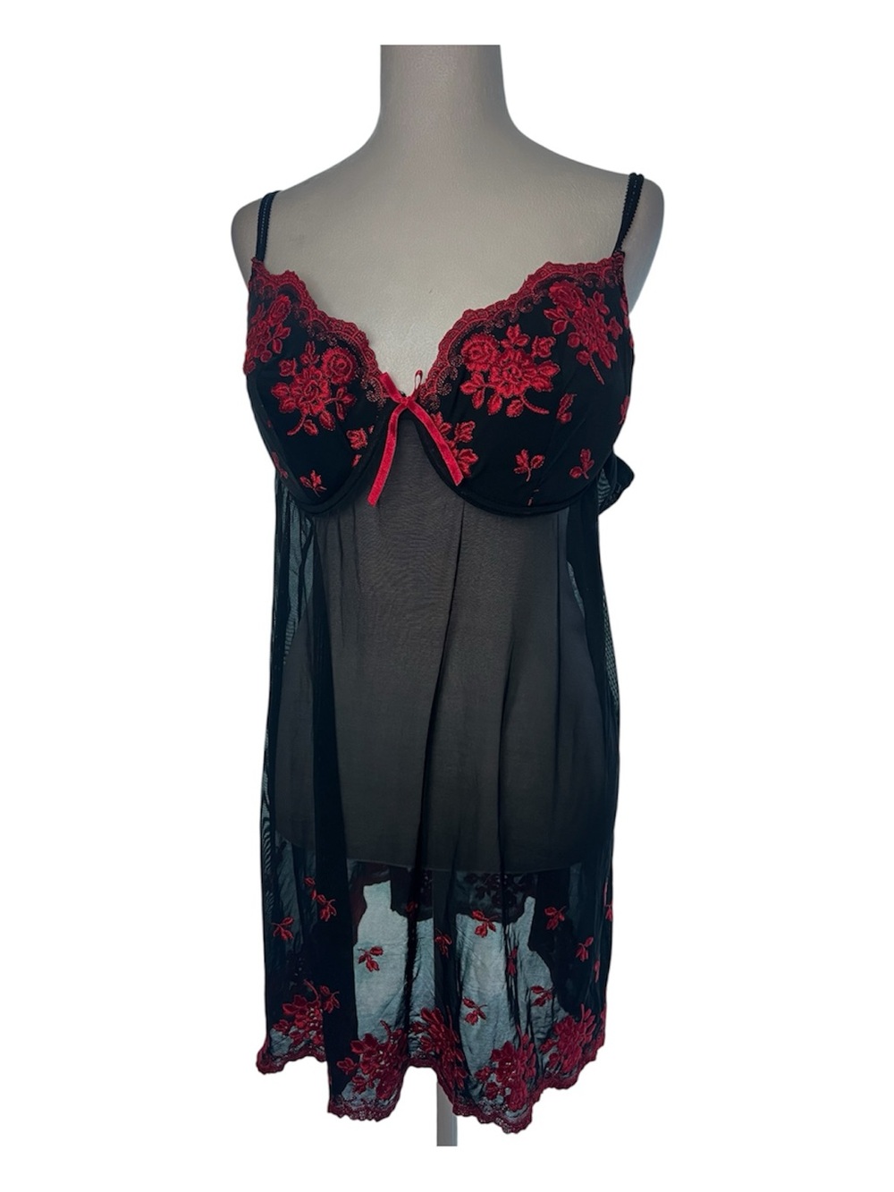 Icing Black Sheer Babydoll with Red Floral Embroidery Plus Size 3X